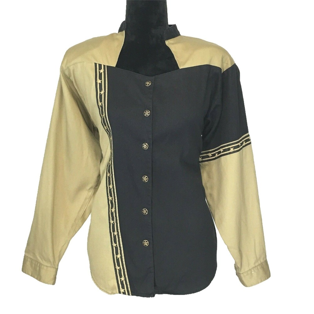 Panhandle Slim Western Shirt MED Black Tan Color Block Square Neck Star Button